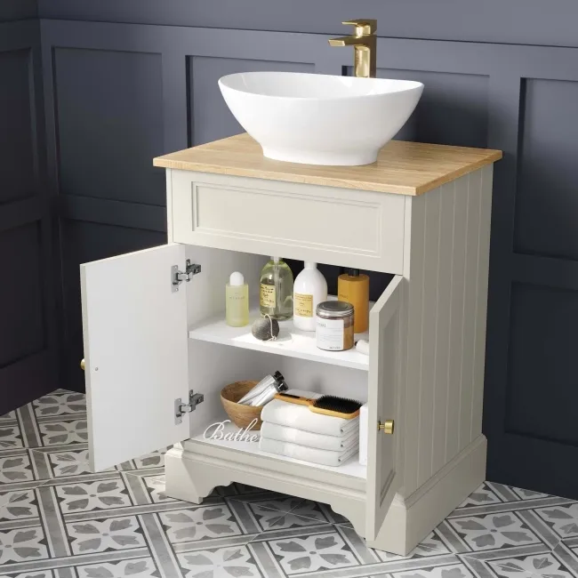 Lucia Chalk White Vanity with Oak Effect Top & Oval Counter Top Basin 640mm - Brushed Brass Accents