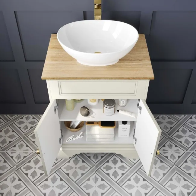 Lucia Chalk White Vanity with Oak Effect Top & Oval Counter Top Basin 640mm - Brushed Brass Accents