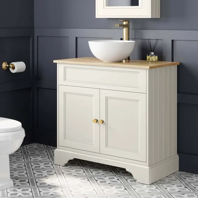 Lucia Chalk White Vanity with Oak Effect Top & Round Counter Top Basin 840mm - Brushed Brass Accents