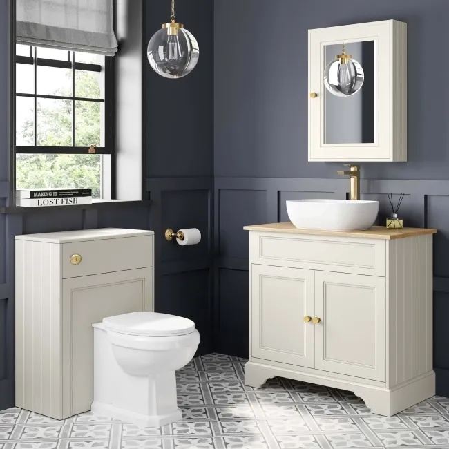 Lucia Chalk White Vanity with Oak Effect Top & Curved Counter Top Basin 840mm - Brushed Brass Accents