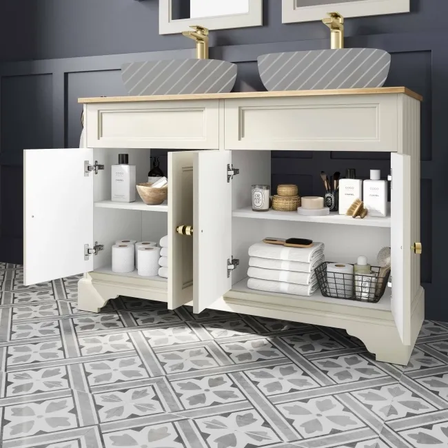 Lucia Chalk White Cabinet with Oak Effect Top 1200mm (Excludes Counter Top Basins) - Brushed Brass Accents