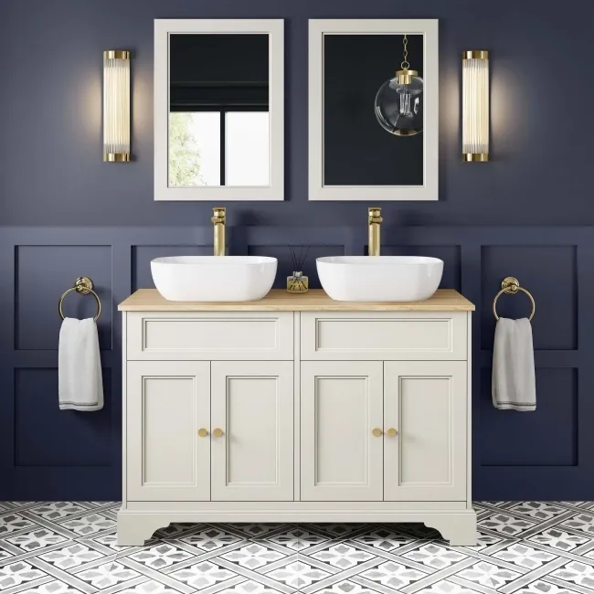 Lucia Chalk White Double Vanity with Oak Effect Top & Curved Counter Top Basin 1200mm - Brushed Brass Accents