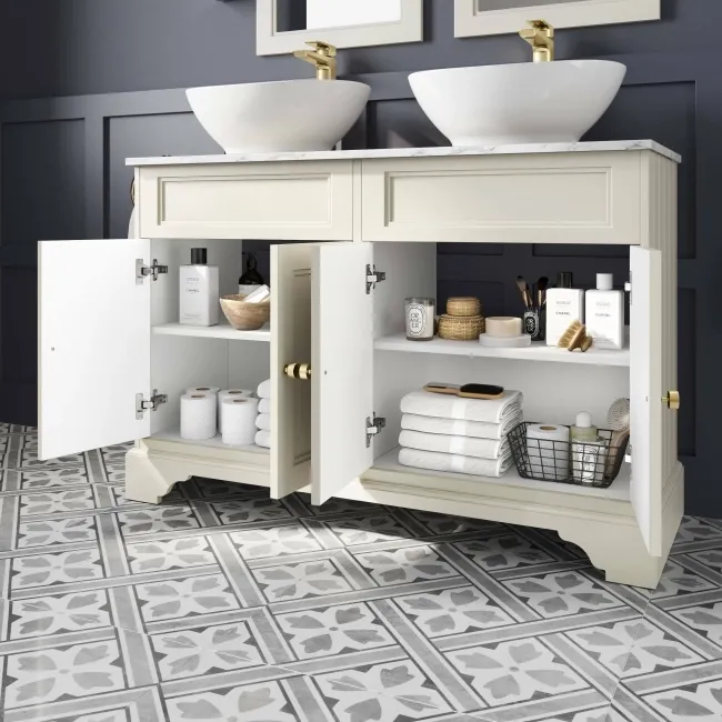 Lucia Chalk White Double Vanity with Marble Top & Oval Counter Top Basin 1200mm - Brushed Brass Accents
