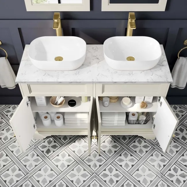 Lucia Chalk White Double Vanity with Marble Top & Curved Counter Top Basin 1200mm - Brushed Brass Accents