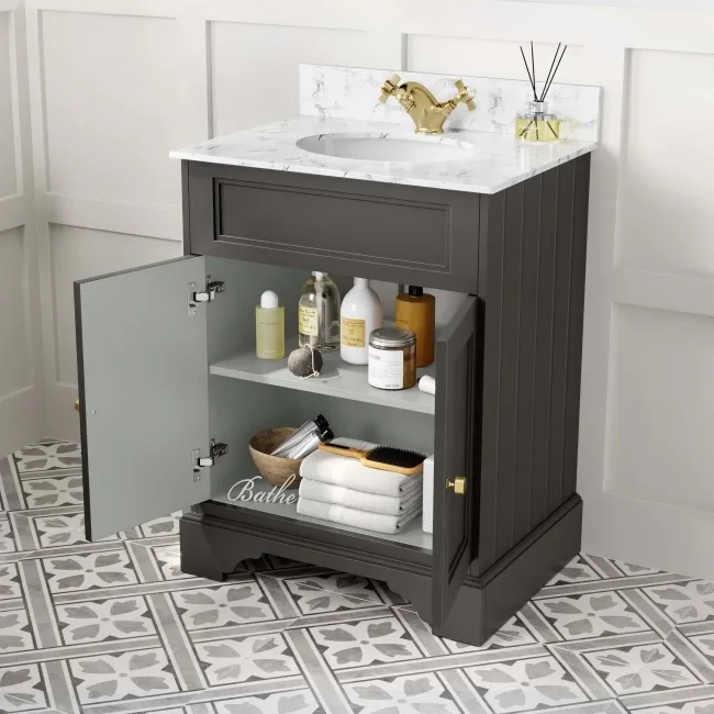 Lucia Graphite Grey Vanity with Marble Top & Undermount Basin 630mm - Brushed Brass Accents