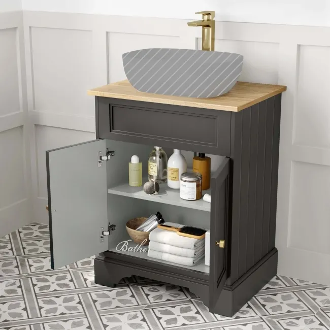 Lucia Graphite Grey Cabinet with Oak Effect Top 640mm (Excludes Counter Top Basin) - Brushed Brass Accents