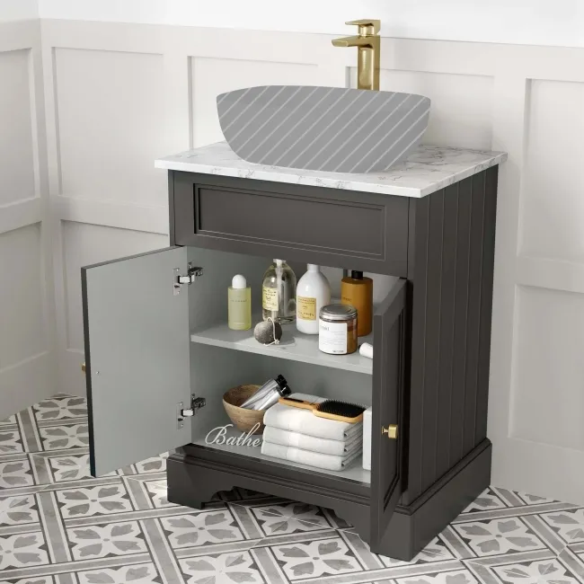 Lucia Graphite Grey Cabinet with Marble Top 640mm (Excludes Counter Top Basin) - Brushed Brass Accents