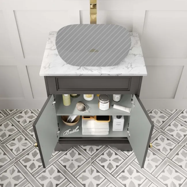 Lucia Graphite Grey Cabinet with Marble Top 640mm (Excludes Counter Top Basin) - Brushed Brass Accents