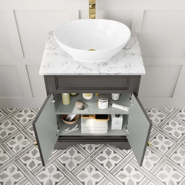Lucia Graphite Grey Vanity with Marble Top & Oval Counter Top Basin 640mm - Brushed Brass Accents
