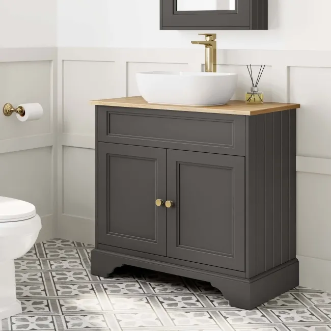 Lucia Graphite Grey Vanity with Oak Effect Top & Curved Counter Top Basin 840mm - Brushed Brass Accents