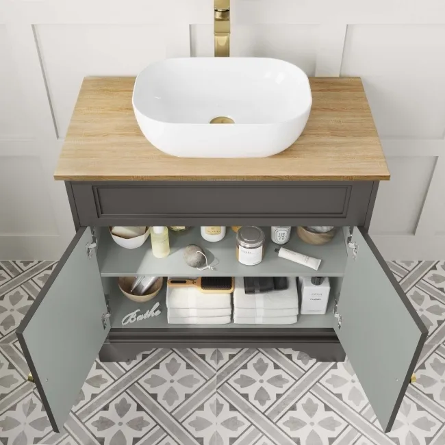 Lucia Graphite Grey Vanity with Oak Effect Top & Curved Counter Top Basin 840mm - Brushed Brass Accents