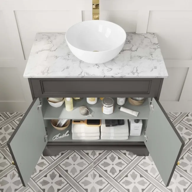 Lucia Graphite Grey Vanity with Marble Top & Round Counter Top Basin 840mm - Brushed Brass Accents