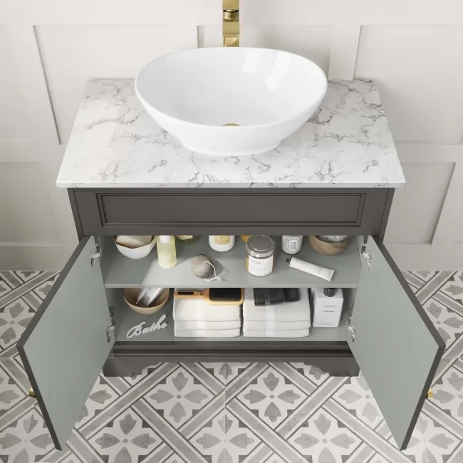 Lucia Graphite Grey Vanity with Marble Top & Oval Counter Top Basin 840mm - Brushed Brass Accents