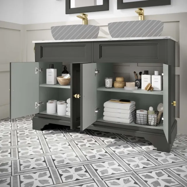 Lucia Graphite Grey Cabinet with Marble Top 1200mm (Excludes Counter Top Basins) - Brushed Brass Accents