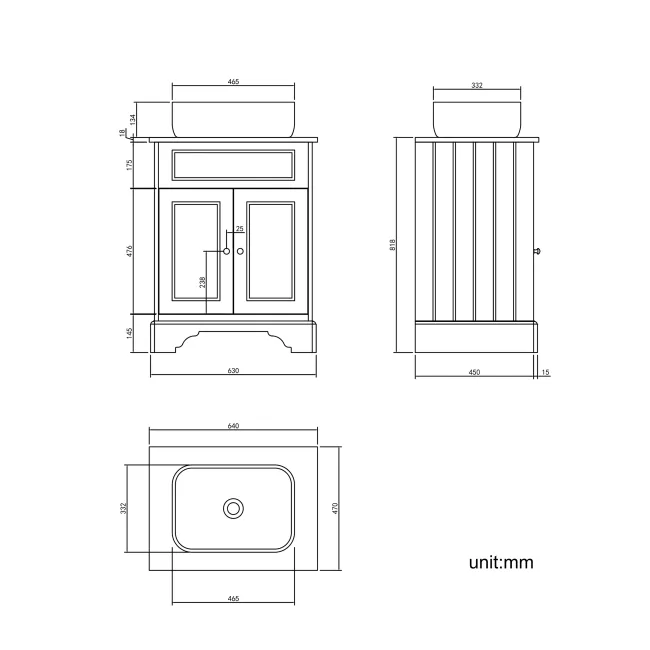Lucia Inky Blue Vanity with Oak Effect Top & Curved Counter Top Basin 640mm - Brushed Brass Accents