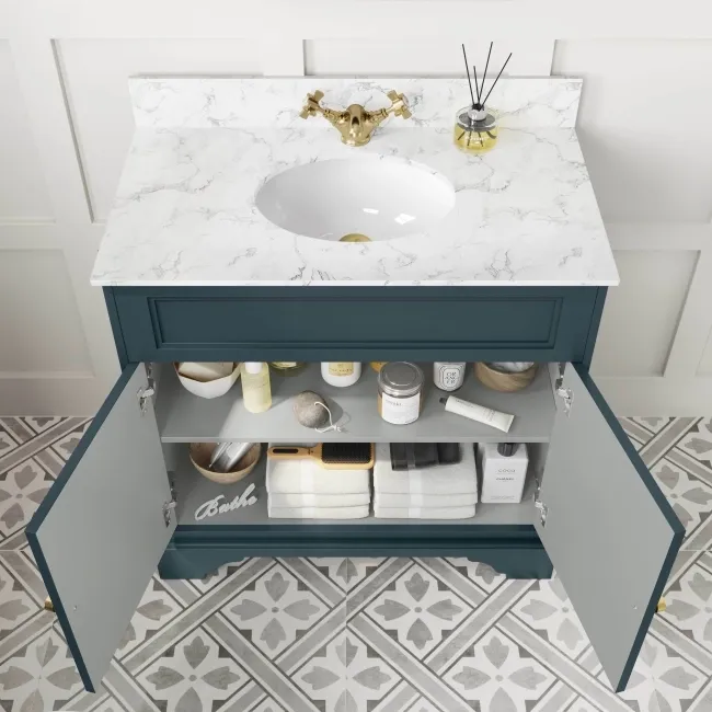 Lucia Inky Blue Vanity with Marble Top & Undermount Basin 830mm - Brushed Brass Accents