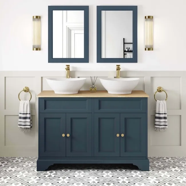Lucia Inky Blue Double Vanity with Oak Effect Top & Oval Counter Top Basin 1200mm - Brushed Brass Accents