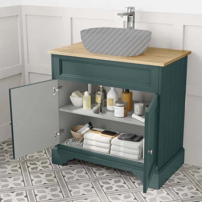 Lucia Midnight Green Cabinet with Oak Effect Top 840mm - Excludes Counter Top Basin