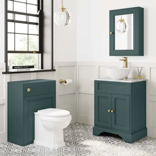 Lucia Midnight Green Vanity with Marble Top & Round Counter Top Basin 640mm - Brushed Brass Accents