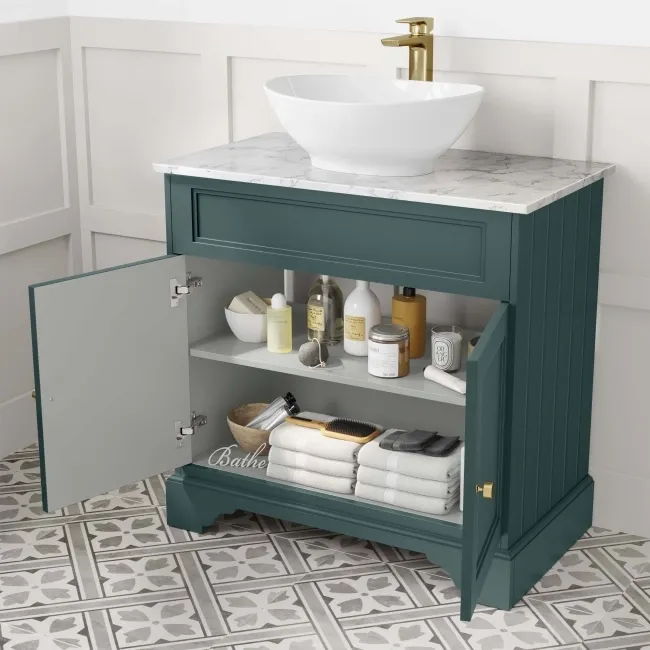 Lucia Midnight Green Vanity with Marble Top & Oval Counter Top Basin 840mm - Brushed Brass Accents