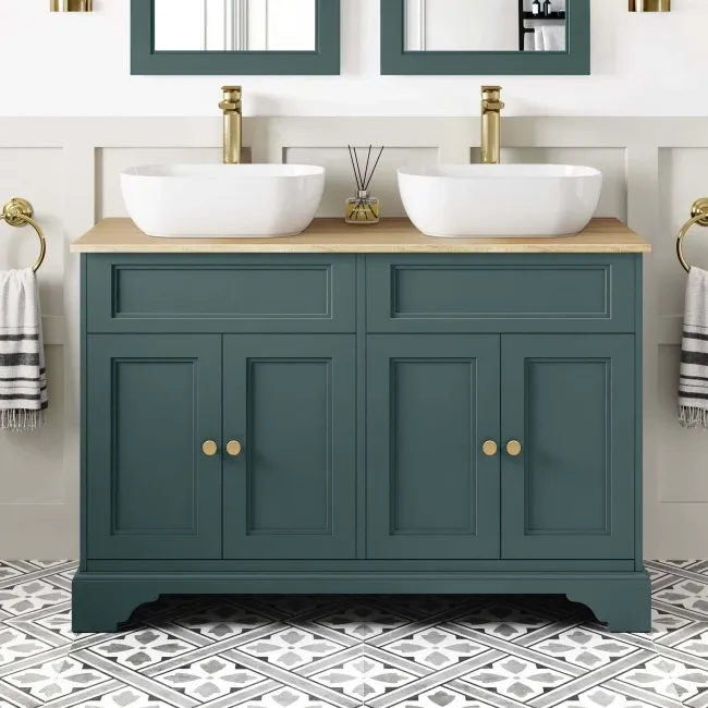 Lucia Midnight Green Double Vanity with Oak Effect Top & Curved Counter Top Basin 1200mm - Brushed Brass Accents