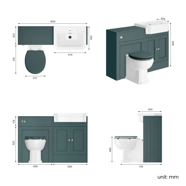 Monaco Midnight Green Combination Vanity Traditional Basin and Hudson Toilet with Wooden Seat 1200mm