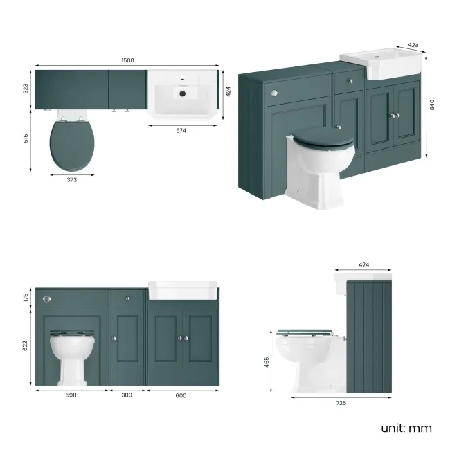Monaco Midnight Green Combination Vanity Traditional Basin and Hudson Toilet with Wooden Seat 1500mm