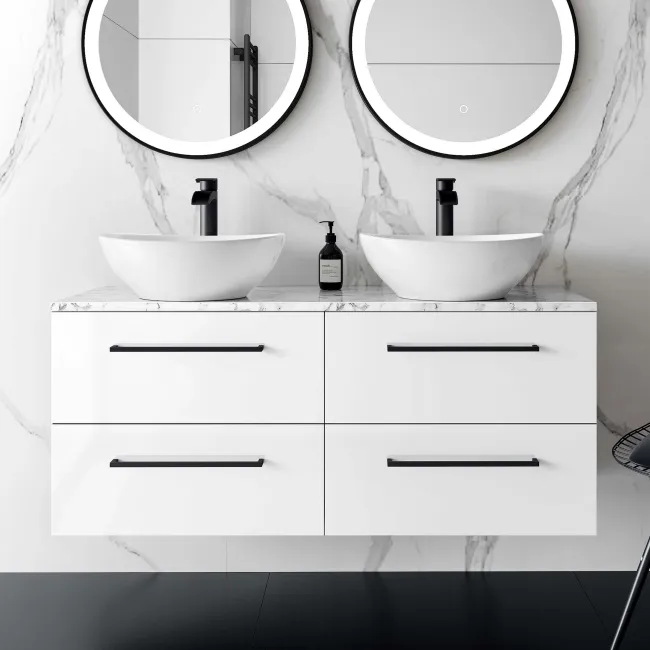 Elba Gloss White Double Wall Hung Drawer Vanity with Marble Top & Oval Basin 1200mm - Black Accents