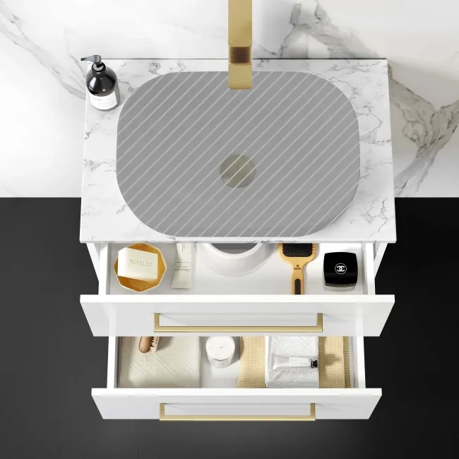 Elba Gloss White Wall Hung Drawer 600mm Excludes Counter Top Basin - Brushed Brass Accents