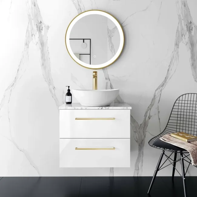 Elba Gloss White Wall Hung Drawer Vanity with Marble Top & Oval Counter Top Basin 600mm - Brushed Brass Accents