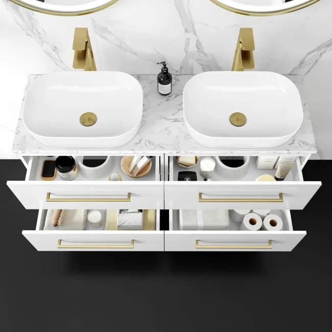 Elba Gloss White Double Wall Hung Drawer Vanity with Marble Top & Curved Basin 1200mm - Brushed Brass Accents