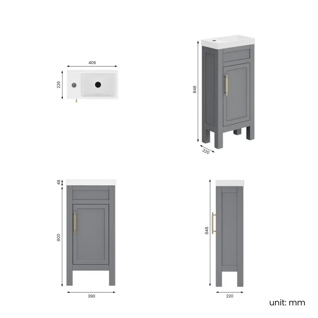 Bermuda Dove Grey Cloakroom Basin Vanity 400mm - Brass Knurled Handles