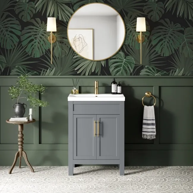 Bermuda Dove Grey Basin Vanity 600mm - Brass Knurled Handles