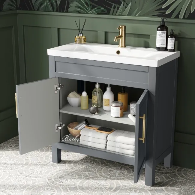 Bermuda Dove Grey Basin Vanity 800mm - Brass Knurled Handles