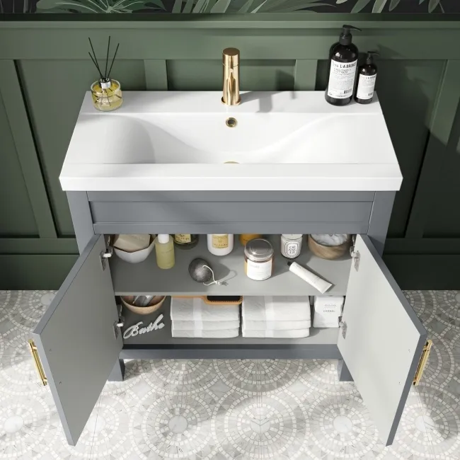 Bermuda Dove Grey Basin Vanity 800mm - Brass Knurled Handles