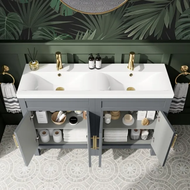 Bermuda Dove Grey Double Basin Vanity 1200mm - Brass Knurled Handles