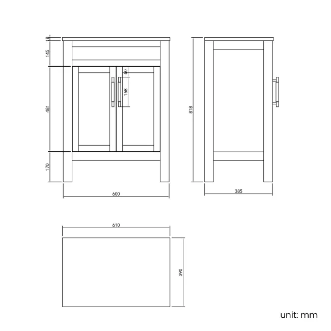 Bermuda Dove Grey Cabinet 600mm Excludes Counter Top Basin - Brass Knurled Handles