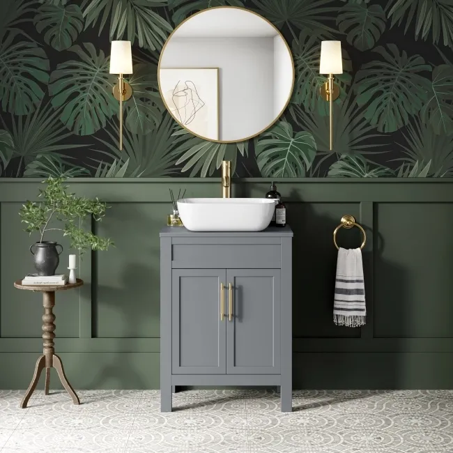 Bermuda Dove Grey Vanity with Curved Counter Top Basin 600mm - Brass Knurled Handles