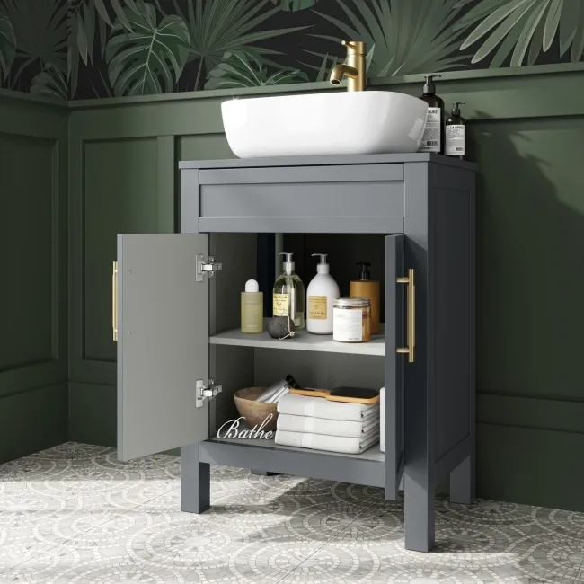 Bermuda Dove Grey Vanity with Curved Counter Top Basin 600mm - Brass Knurled Handles