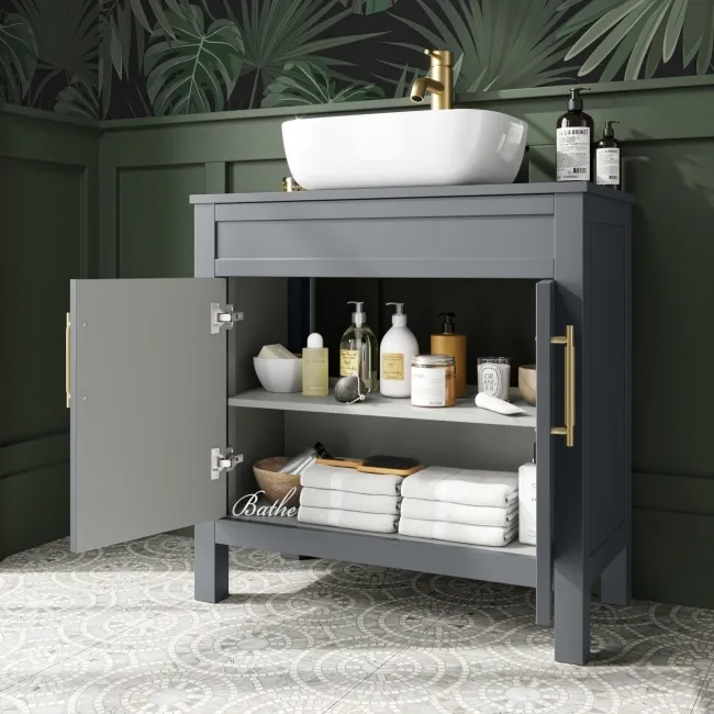 Bermuda Dove Grey Vanity with Curved Counter Top Basin 800mm - Brass Knurled Handles