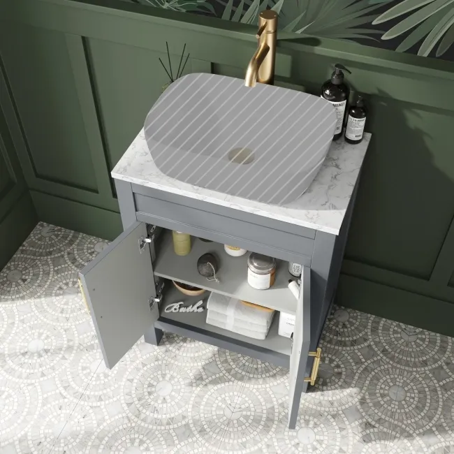 Bermuda Dove Grey Cabinet with Marble Top 600mm Excludes Counter Top Basin - Brass Knurled Handles