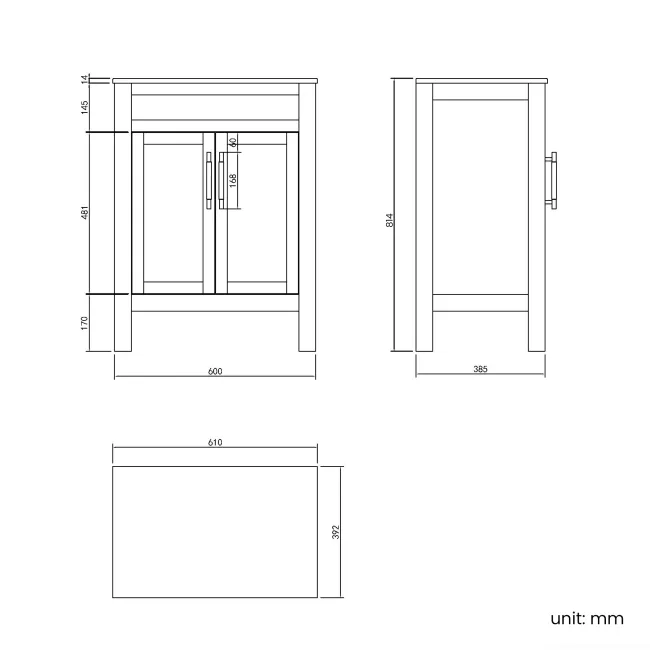 Bermuda Dove Grey Cabinet with Marble Top 600mm Excludes Counter Top Basin - Brass Knurled Handles