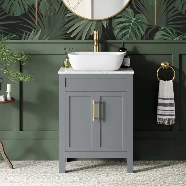 Bermuda Dove Grey Vanity with Marble Top & Curved Counter Top Basin 600mm - Brass Knurled Handles