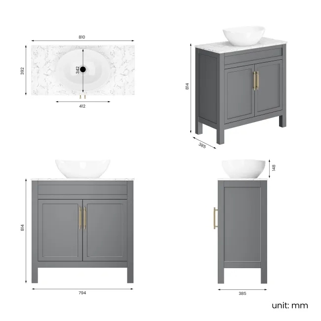Bermuda Dove Grey Vanity with Marble Top & Oval Counter Top Basin 800mm - Brass Knurled Handles
