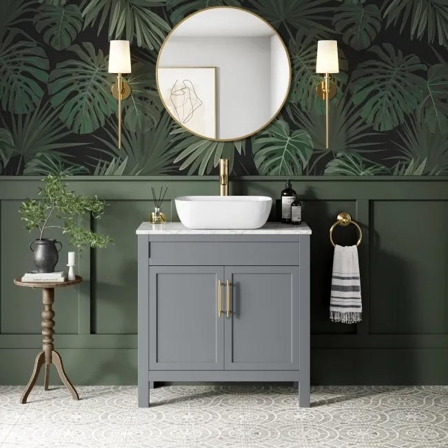 Bermuda Dove Grey Vanity with Marble Top & Curved Counter Top Basin 800mm - Brass Knurled Handles