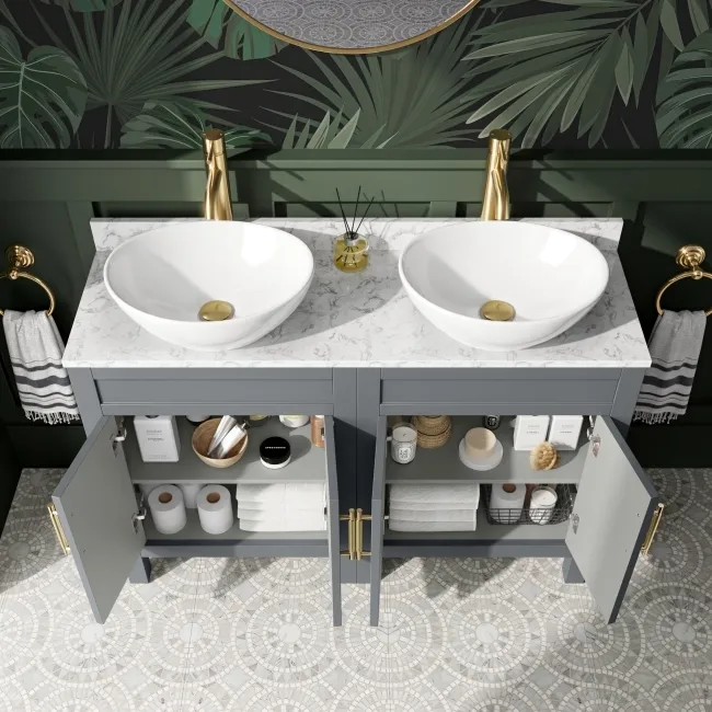 Bermuda Dove Grey Vanity with Marble Top & Oval Counter Top Basin 1200mm - Brass Knurled Handles