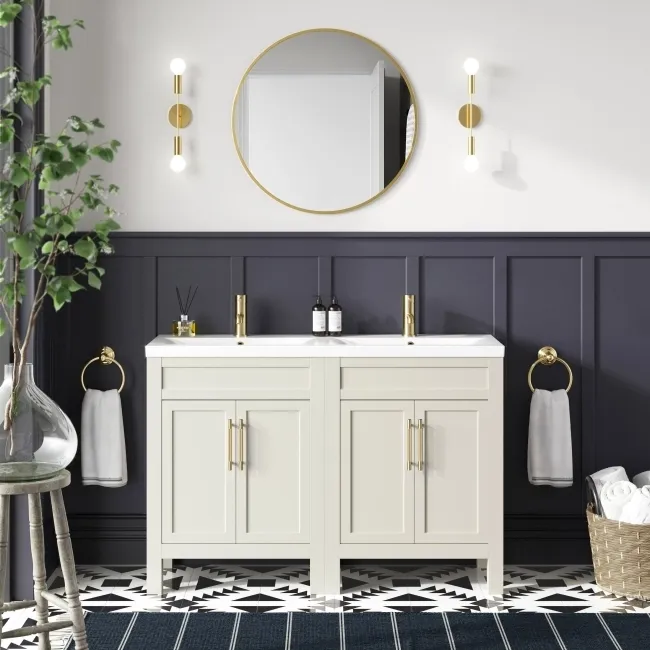 Bermuda Chalk White Double Basin Vanity 1200mm - Brass Knurled Handles