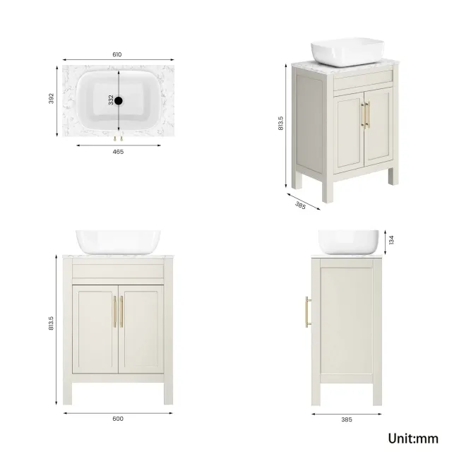 Bermuda Chalk White Vanity with Marble Top & Curved Counter Top Basin 600mm - Brass Knurled Handles