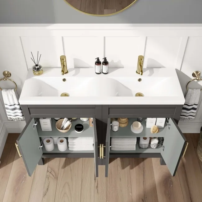 Bermuda Graphite Grey Double Basin Vanity 1200mm - Brass Knurled Handles