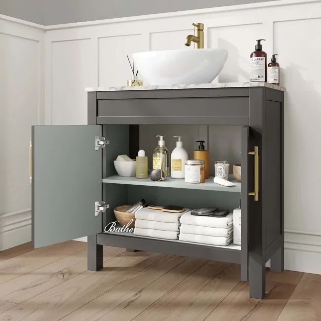 Bermuda Graphite Grey Vanity with Marble Top & Oval Counter Top Basin 800mm - Brass Knurled Handles